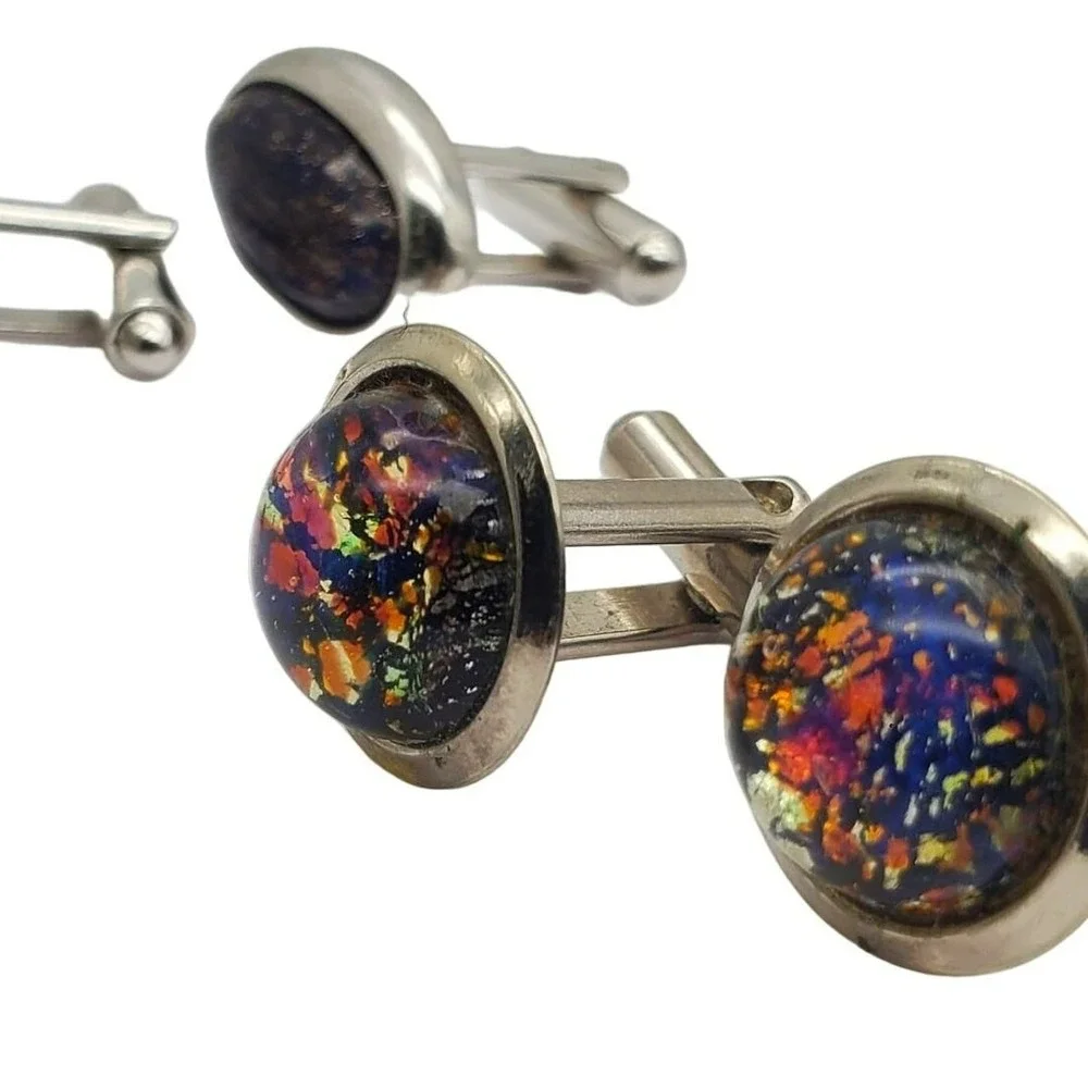 Retro Blue Goldstone & Confetti Foil Cufflinks Silver Tone Art Glass Shields Vtg